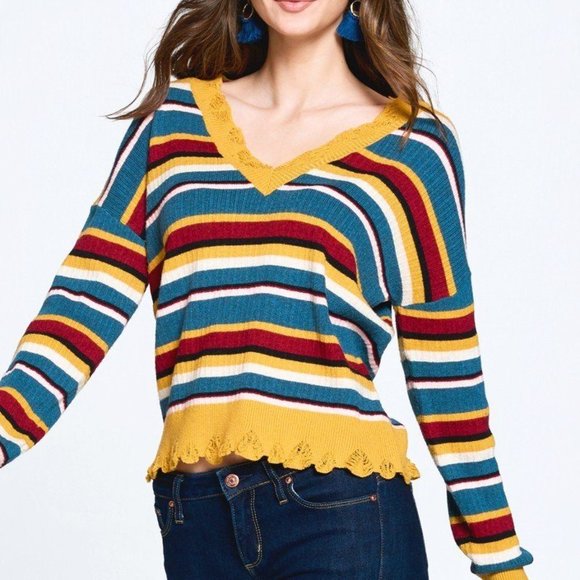 Women's Multi-Colored Variegated Striped Ruffled Edge Hem Knit Sweater NWT - Picture 3 of 5